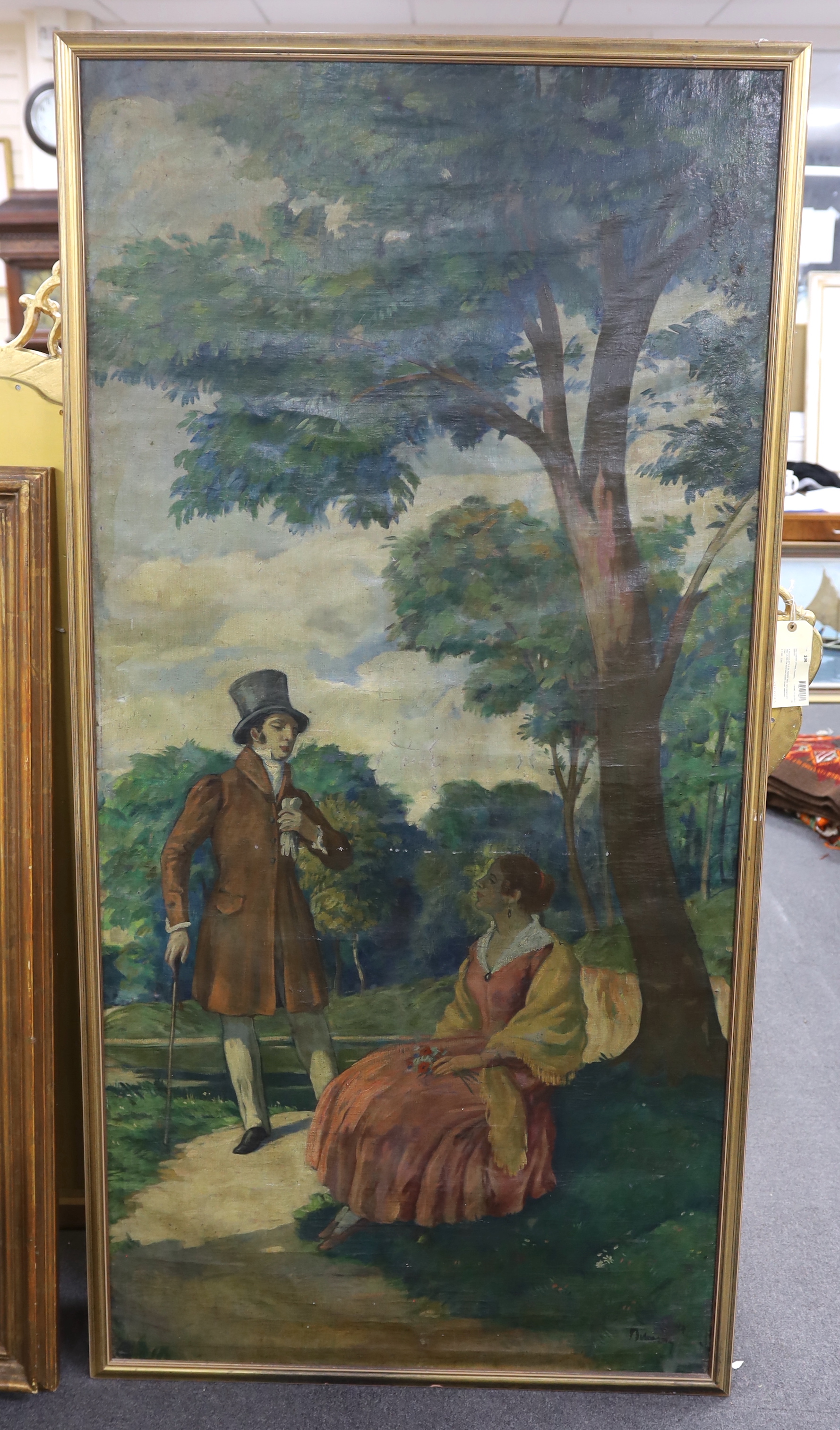 Large 18th century style, oil on canvas, Two figures in a landscape, indistinctly signed lower right, 182 x 89cm